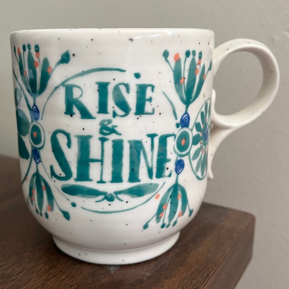 Anthropologie Rise & Shine Elevenses Speckled Ceramic Coffee Mug Teal White Boho